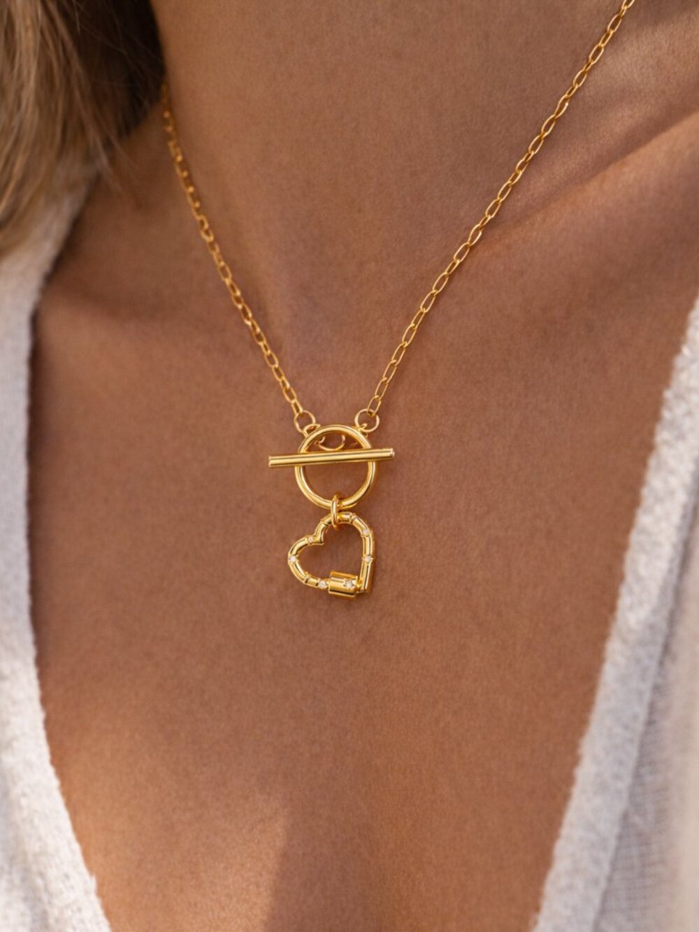 Gold Heart Carabiner Necklace CZ Paperclip Chain Toggle Necklace